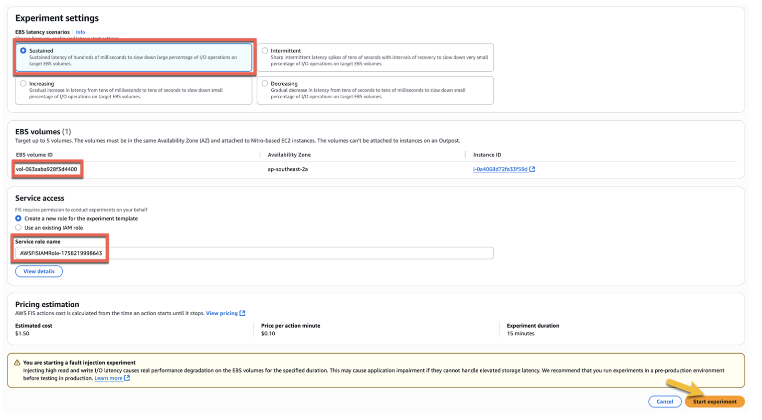 Set up Sustained scenario under Experiment settings and monitor latency using CloudWatch